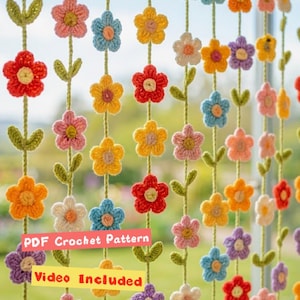 May include: A colorful crochet flower curtain with various shades of red, orange, yellow, pink, blue, and purple flowers. The flowers are connected by green stems and leaves. Text on the image reads "PDF Crochet Pattern" and "Video Included."