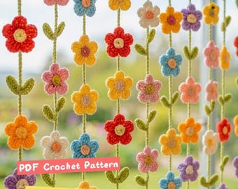 Flower Garland Crochet Pattern, Flower Curtain Hanging Crochet, Wall Hanging Crochet, Daisy Room Decor, Spring Window Decor, PDF Download