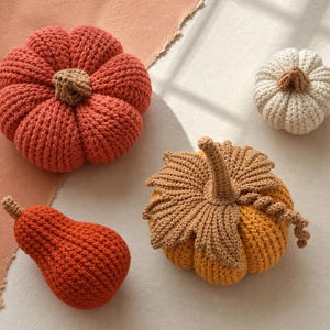 May include: A collection of four crocheted pumpkins and a gourd in various sizes and colors. There is a large orange pumpkin, a small white pumpkin, a medium yellow pumpkin with brown crocheted leaves and a vine, and a small orange gourd.