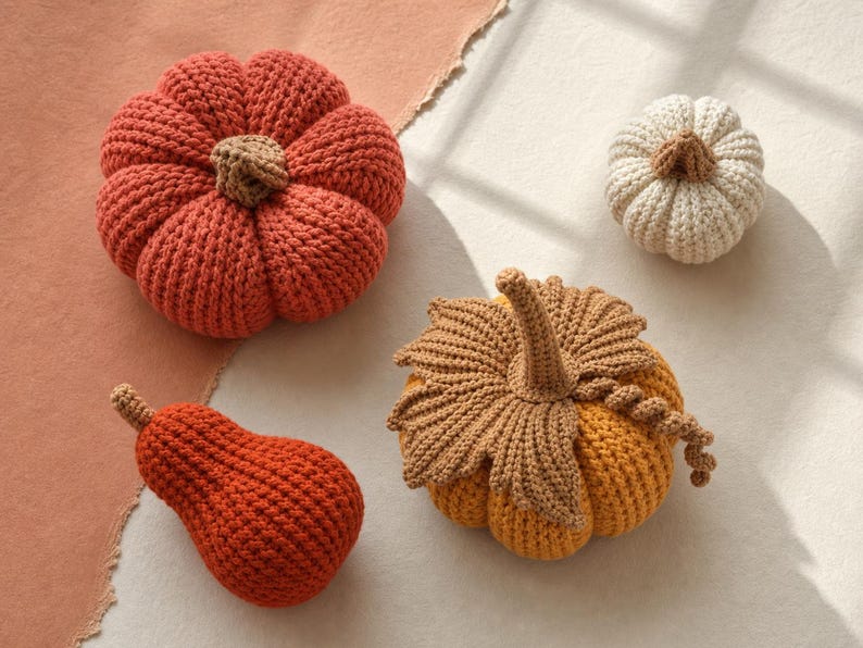 May include: A collection of four crocheted pumpkins and a gourd in various sizes and colors. There is a large orange pumpkin, a small white pumpkin, a medium yellow pumpkin with brown crocheted leaves and a vine, and a small orange gourd.