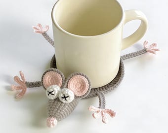 Funny Rat Coaster Crochet Pattern, Crochet Coaster Pattern, Amigurumi Mouse Rat Pattern, Cute Animal Crochet, Cup Holder Crochet, Mug Rug