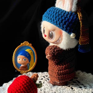 Labubu Mona Lisa Crochet Clothes Pattern | Handmade Labubu Girl with a Pearl Earring Outfit with HeadScarf, Dress, Shoes | Plush Doll Outfit