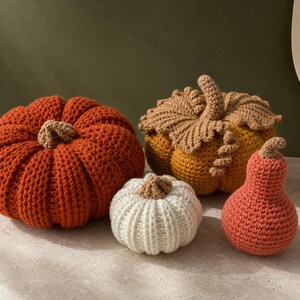 May include: A collection of four crocheted pumpkins in various sizes and colors. There is a large burnt orange pumpkin, a medium-sized mustard yellow pumpkin with brown crocheted leaves, a small white pumpkin, and a small pear-shaped orange gourd.