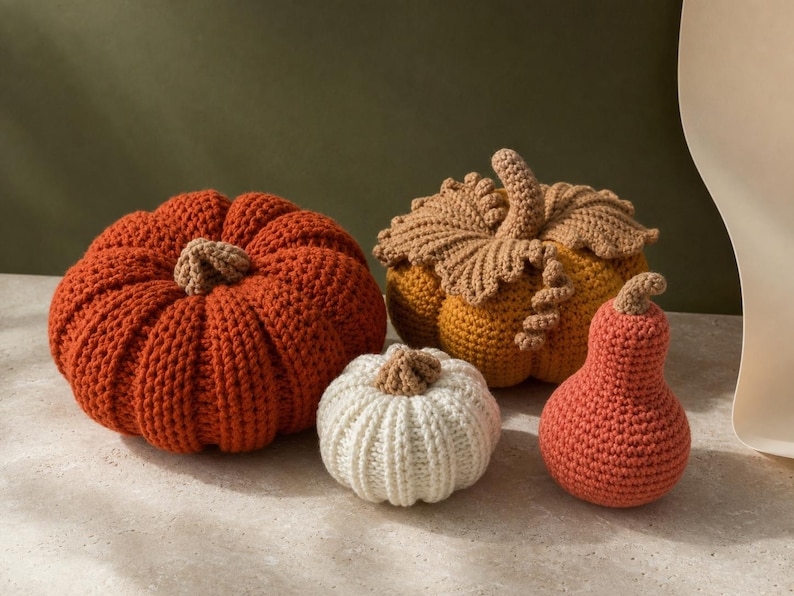 May include: A collection of four crocheted pumpkins in various sizes and colors. There is a large burnt orange pumpkin, a medium-sized mustard yellow pumpkin with brown crocheted leaves, a small white pumpkin, and a small pear-shaped orange gourd.