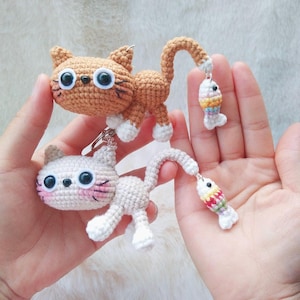 Crochet Fishing Cat Pattern, Crochet Cat Keychain Pattern, Fish Loaf Kitten Bag Crochet, Crochet Cute Animal Keychain, Crochet Cat Tutorial