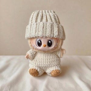 Labubu Crochet Aesthetic Clothes Pattern | Handmade Labubu Beanie, Sweater, Pant, and Shoes Set | Labubu Clothes Set | DIY Plush Doll Outfit