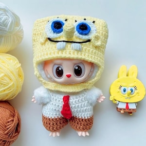 Labubu Crochet Spongebob Clothes Pattern | Amigurumi Labubu Spongebob Clothes Set | Labubu Sponge Buddy Outfit | Plush Doll Outfit
