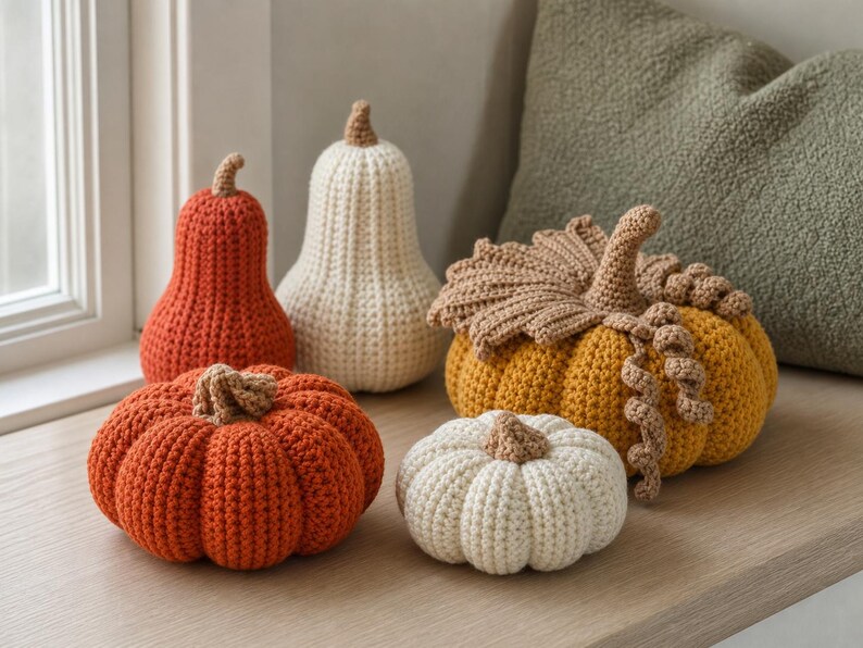 May include: A collection of five handmade crochet pumpkins in various shapes and sizes. The set includes two tall gourd-shaped pumpkins in orange and cream, two round pumpkins in orange and cream, and one large golden-yellow pumpkin with crochet leaves.