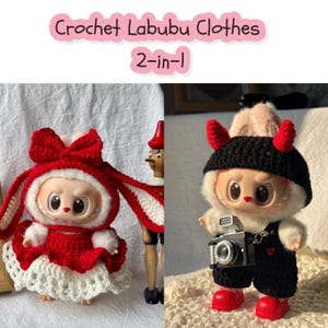 Labubu Crochet Clothes Bundle Pattern | 2-in-1 Handmade Crochet Labubu Clothes Bundle | Labubu Halloween Outfit | DIY Plush Doll Outfit PDF