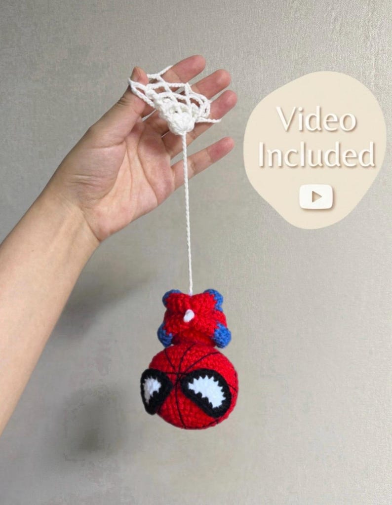 Spider-Man virkmönster, mönster för bilhänge, amigurumi superhjälte, virkad nyckelring, spegelberlock, nybörjarvirkning, plyschleksak, PDF bild 1