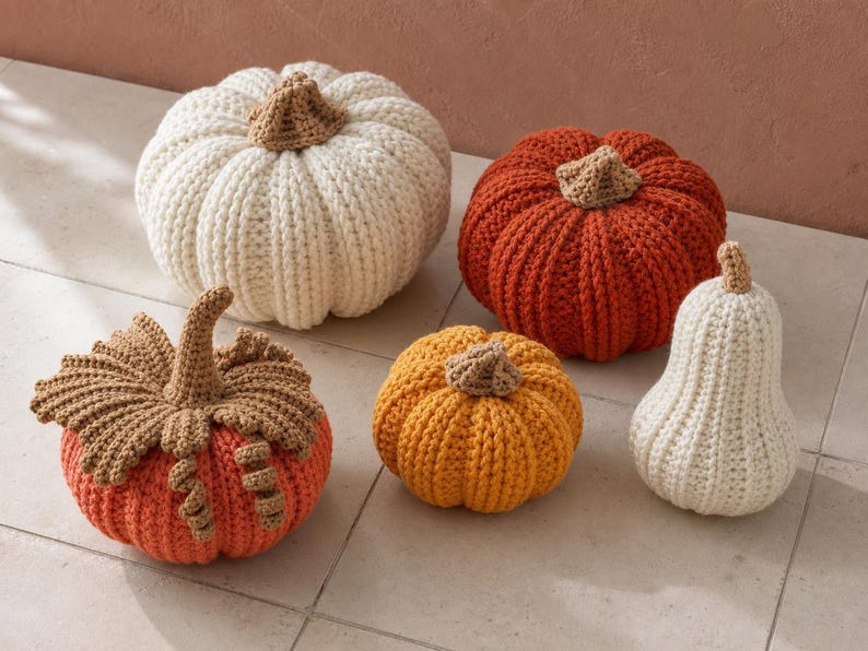 May include: A collection of five crocheted pumpkins in various sizes and shapes. The set includes a large cream pumpkin, a medium rust-orange pumpkin, a small golden-yellow pumpkin, a pear-shaped cream gourd, and a coral pumpkin with brown leaves.