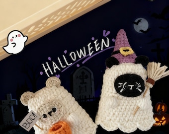 Patrón de fantasma de Halloween a crochet, patrón de crochet para Halloween, peluche de oso fantasma, decoración amigurumi de Halloween, llavero de gato fantasma con forma de calabaza.