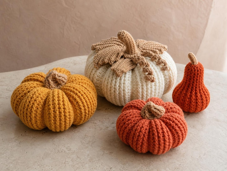 May include: A collection of four crocheted pumpkins in various sizes and colors. One large white pumpkin with tan leaves, one medium mustard yellow pumpkin, one medium orange pumpkin, and one small orange pear-shaped gourd, all with tan stems.