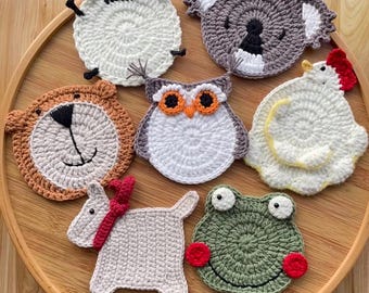 7-in-1 Animal Coaster Crochet Pattern,  Crochet Coaster Pattern PDF, Amigurumi Sheep, Dog, Bear, Frog, Koala, Chicken Cup Holder, Home Decor