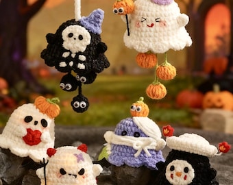 6-in-1 Halloween-Geist-Muster, Halloween-Häkelmuster, gruseliger Autoanhänger, Amigurumi-Halloween-Dekor, Autoschaukel