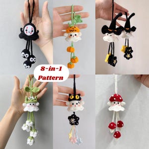 8-i-1 virkat Halloween-spökmönster, Halloween-virkmönster, mönster för upphängning med läskiga bilar, Amigurumi Halloween-dekor, nyckelring för heminredning