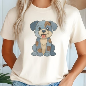 Camiseta de perro con parche de mezclilla, colores cómodos, linda camiseta con gráfico de cachorro, regalo para amantes de los perros, camiseta unisex para amantes de las mascotas