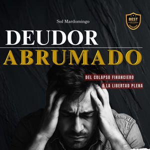 Op de afbeelding: Boekomslag met de titel "DEUDOR ABRUMADO" in grote witte en gouden letters. De naam van de auteur, Sol Mardomingo, staat bovenaan. De cover toont een aangeslagen persoon met zijn handen op zijn hoofd. De tekst hieronder luidt "DEL COLAPSO FINANCIERO A LA LIBERTAD PLENA."