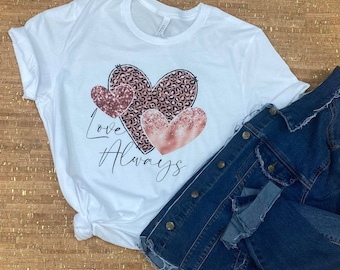 Love Always - Pink Leopard Heart Tee DTG Printed on White Tee Valentine's Day Short Sleeve or Long Sleeve- Fast Shipping