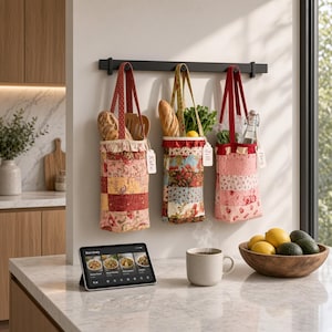 Op de afbeelding: Drie hangende stoffen opbergzakken met patchworkpatronen in rood, roze en bloemenprints, opgehangen aan een zwart wandrek. Elke zak heeft een gepersonaliseerd wit label met de naam Kate, Jill of Meg en bevat brood en verse producten.