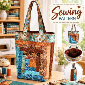 May include: A tote bag featuring a log cabin quilt pattern in shades of blue, brown, and orange. The bag has two shoulder straps and a rectangular base. The text Sewing Pattern is visible in the upper right corner along with three circular insets.
