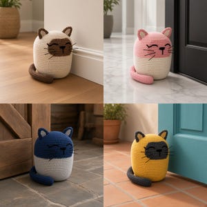 Puede incluir: Un conjunto de cuatro topes de puerta de ganchillo con forma de gato, cada uno con un cuerpo redondeado, orejas puntiagudas y detalles faciales bordados que incluyen ojos cerrados y bigotes. Los gatos son de color crema con acentos en marrón, rosa, azul o amarillo.
