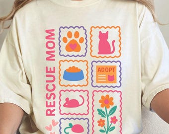 Comfort Colors® Rescue Mom Shirt, Cat Lover Gift, Neon Patchwork Cat Mom Tee, Animal Rescue Pride Top, Cute Cat Adoption Shirt, Pet Mom Gift