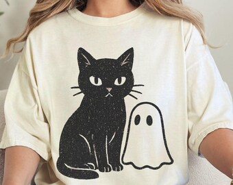 Comfort Colors® Black Cat Ghost Shirt, Cat Mom Halloween Shirt, Witchy Cat Lover Shirt, Spooky Cute Shirt, Cozy Goth Shirt, Cat Mom Gift