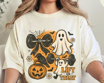 Comfort Colors® Halloween CrossFit Mom Shirt, Lift or Treat Ghost Weightlifting Tee, Kettlebell Pumpkin Barbell Bow, Strong Mom Fall Gym Top
