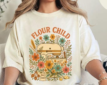 Comfort Colors® Flour Child Shirt for Baking Moms, Retro Mixer Floral Kitchen Tee, Cozy Fall Baking Shirt, Cute Vintage Gift for Home Bakers