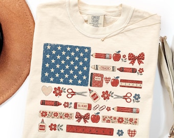 Comfort Colors Teacher Shirt Gift, USA 250 Patriotic School Supplies Flag