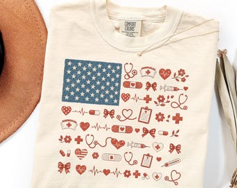 Comfort Colors Nurse Shirt Gift, Patriotic RN Flag Tee Sweatshirt