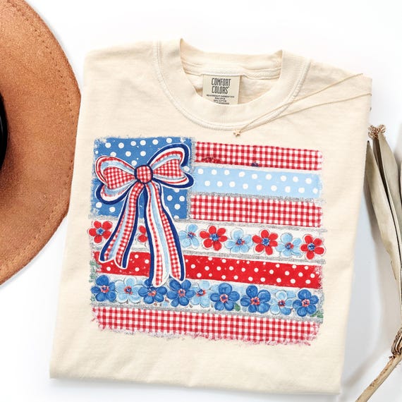 Comfort Colors Patriotic Bow Shirt Gift, Vintage Floral American Flag Tee