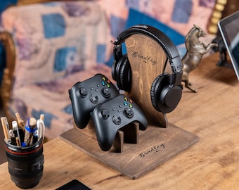 Individueller Gamer Ständer, Dual Controller Halter, Benutzerdefiniertes Headpiece Dock, Holz Controller Ständer, Gaming Schreibtisch Organizer, personalisierte Geschenke