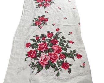 VTG wit linnen tafelkleed rood roze roos bloemenprint 47 x 46 vierkant Cottagecore