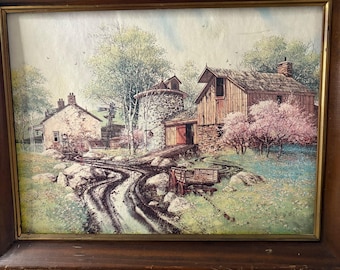 VTG gerahmte Bauernhofszene Lithographie-Druck Rustikale Scheune Steinhaus-Landdekor