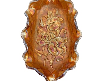Imperial Glass Pansy Marigold Carnival Glass Oval Bowl Ruffled Edge 8.5 Inch