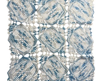 Toalha de mesa vintage feita à mão em crochê, com renda mesclada em azul e branco, 35x35 cm (14x14 polegadas).