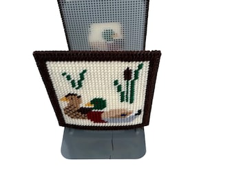 VTG Needlepoint Mallard Duck Bookends Metal Adjustable Plastic Canvas Handmade