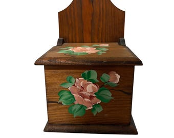 VTG Handbemalte Hölzerne Salz Box Floral Rose Wandhalterung Küche Kellerholz