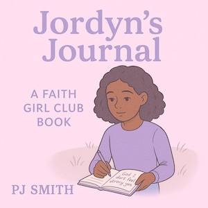 May include: A book cover for "Jordyn's Journal" with a young girl writing in a journal. The title and author's name, PJ Smith, are displayed in purple. The book is described as "A Faith Girl Club Book" with the text "God I don't feel strory you" visible.