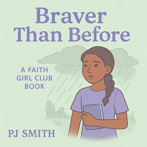 May include: Book cover illustration for "Braver Than Before" by PJ Smith. The cover features a young person with a braid, holding a tablet, under a cloudy sky with rain. The text "A Faith Girl Club Book" is also visible.
