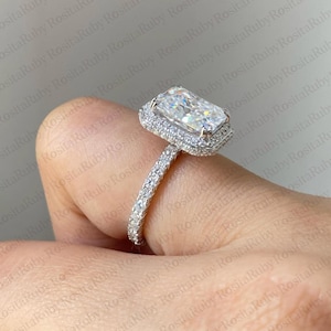 3CT Radiant Cut Moissanite Halo Engagement Ring, 14K White Gold Ring, Edge Halo Pave Set Anniversary Ring Radiant Diamond Proposal Ring