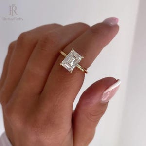 Emerald Cut Moissanite Engagement Ring With Hidden Halo/ Anniversary Gift/ Solid Gold Promise Ring / Birthday Gift for Her, Wife