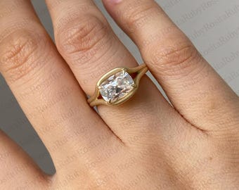 Old Mine 5 CT Elongated Cushion Cut Moissanite Ring East To West Engagement Ring Matte Finish 14K Gold Wedding Ring Antique Diamond Ring