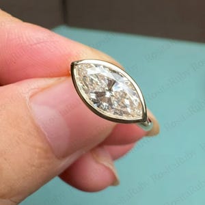 Bezel Set Marquise Cut Moissanite Engagement Ring 18K Gold Wedding Ring East-West Marquise Solitaire Anniversary Ring Promise Ring For Her