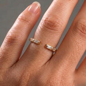 Moissanite Diamond Baguette Cuff Ring, Stack Cuff Ring, Diamond Open Ring, Engagement Ring, Perfect for Stacking, Open Yellow Gold Ring