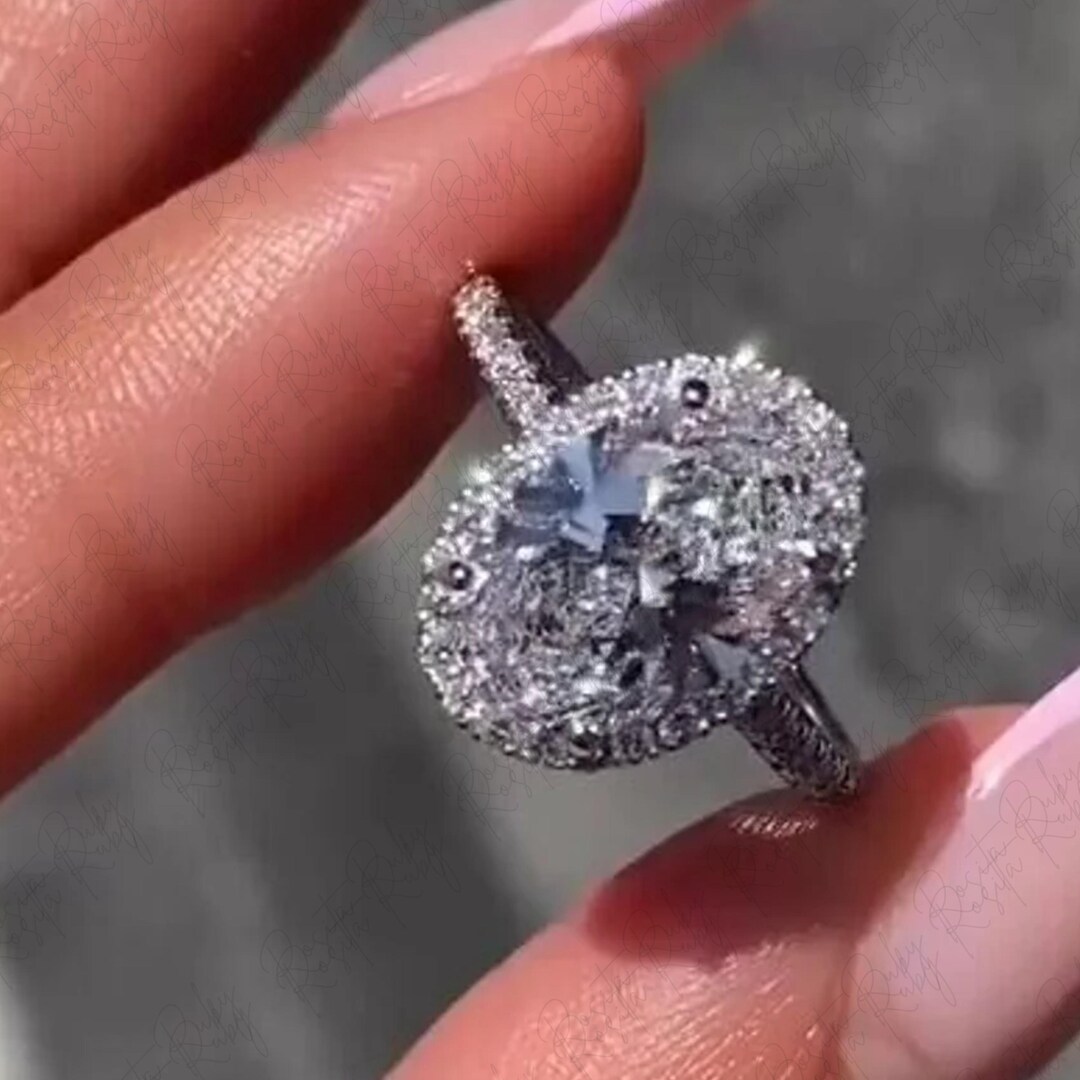 3 CT Oval Moissanite Engagement Ring Set Halo Bridal Ring Set 14K Solid ...
