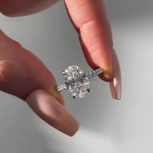 3.0 CT Classic Vintage Style Oval Moissanite Ring, Oval Cut Solitaire Diamond Ring, Gorgeous Hidden Halo Anniversary Ring, White Gold Ring