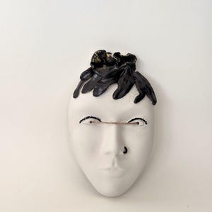 Black and White Handmade Wall Mask – Surreal Ceramic Face Sculpture with Gold Accents | Abstract Home Decor